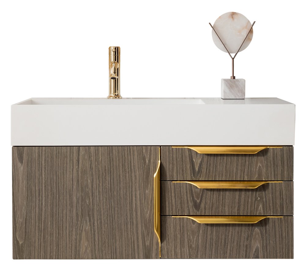 James Martin - Columbia 36" Single Wall Mount Vanity, Ash Gray, Radiant Gold w/ Glossy White Composite Stone Top - 983-V36-W-AG-G-GW view 1