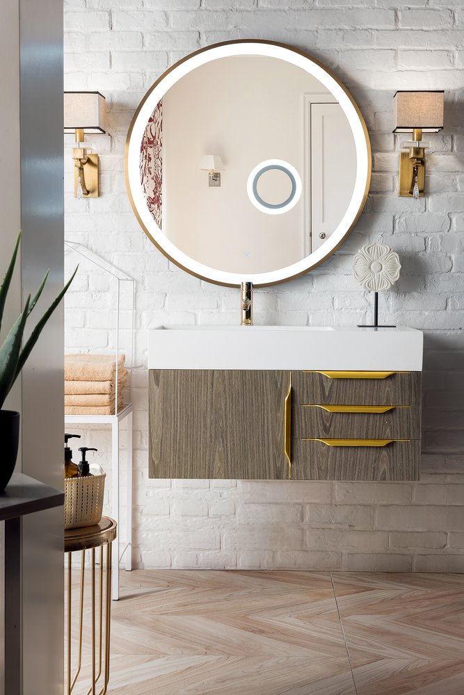 James Martin - Columbia 36" Single Wall Mount Vanity, Ash Gray, Radiant Gold w/ Glossy White Composite Stone Top - 983-V36-W-AG-G-GW view 2