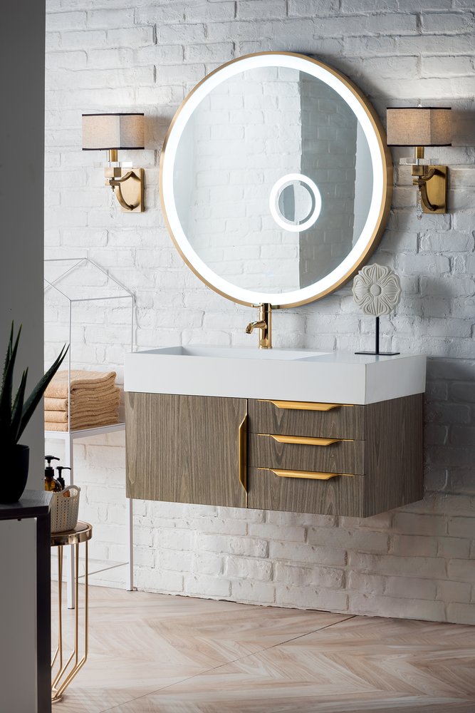 James Martin - Columbia 36" Single Wall Mount Vanity, Ash Gray, Radiant Gold w/ Glossy White Composite Stone Top - 983-V36-W-AG-G-GW view 3