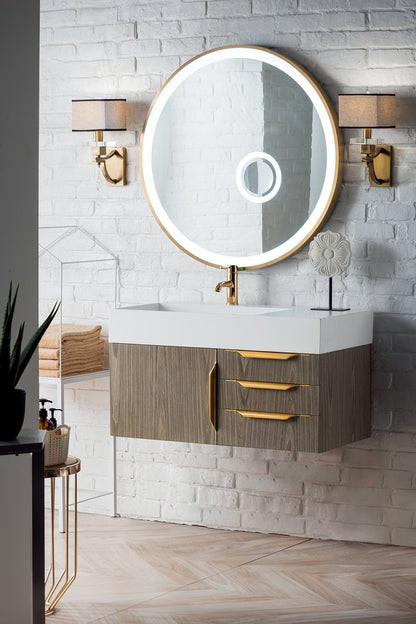 James Martin - Columbia 36" Single Wall Mount Vanity, Ash Gray, Radiant Gold w/ Glossy White Composite Stone Top - 983-V36-W-AG-G-GW view 3