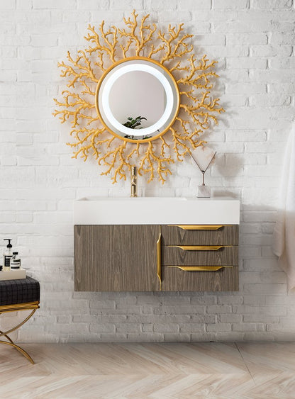 James Martin - Columbia 36" Single Wall Mount Vanity, Ash Gray, Radiant Gold w/ Glossy White Composite Stone Top - 983-V36-W-AG-G-GW view 4