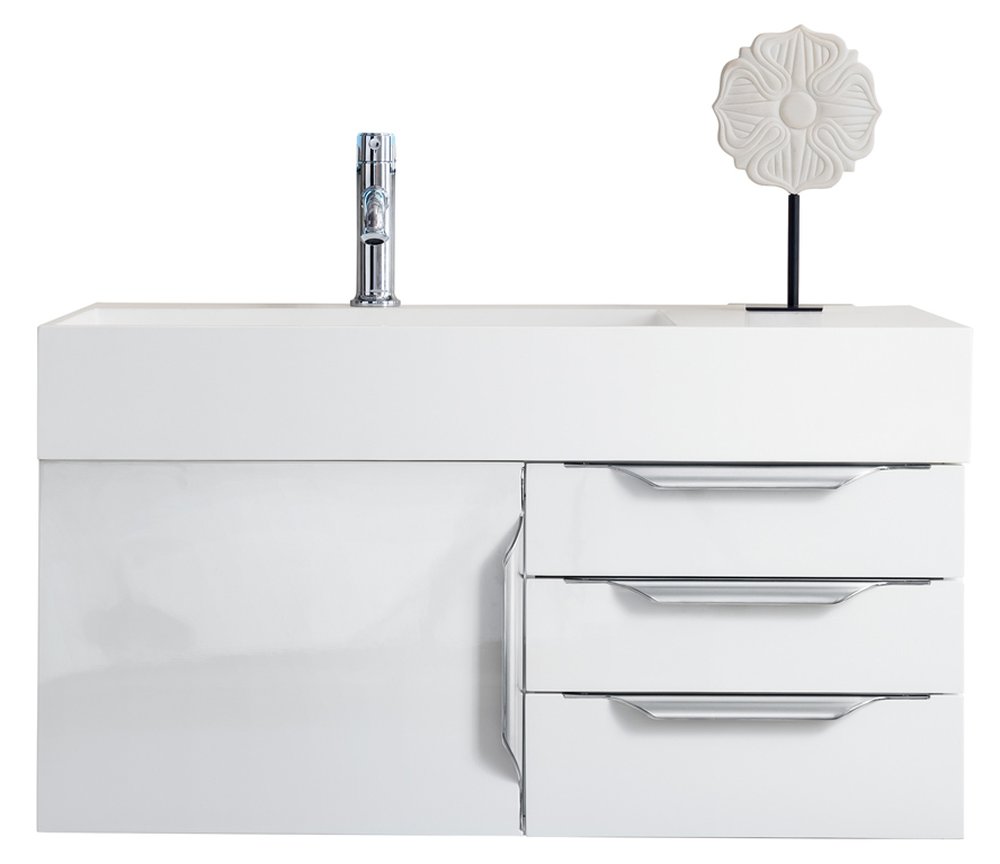 James Martin - Columbia 36" Single Wall Mount Vanity, Glossy White, Brushed Nickel w/ Glossy White Composite Stone Top - 983-V36-W-GW-N-GW view 1