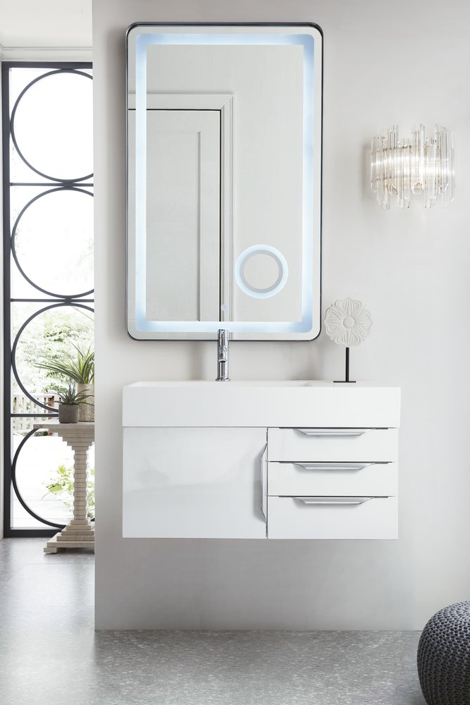 James Martin - Columbia 36" Single Wall Mount Vanity, Glossy White, Brushed Nickel w/ Glossy White Composite Stone Top - 983-V36-W-GW-N-GW view 2