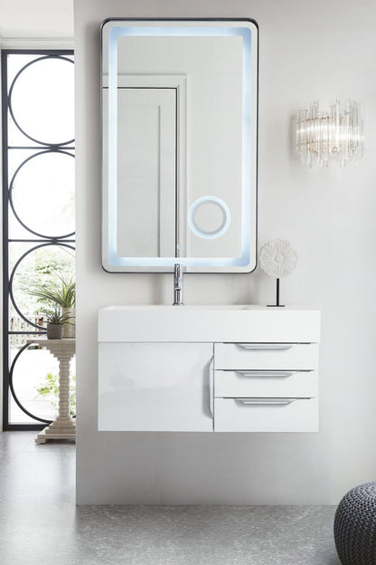 James Martin - Columbia 36" Single Wall Mount Vanity, Glossy White, Brushed Nickel w/ Glossy White Composite Stone Top - 983-V36-W-GW-N-GW view 2