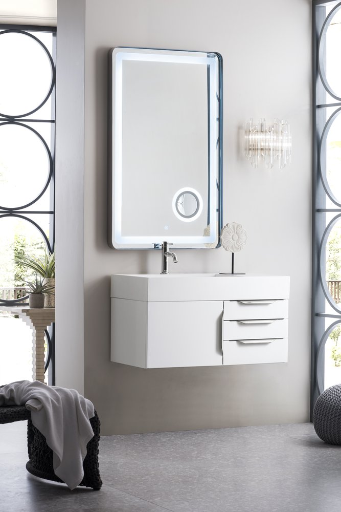 James Martin - Columbia 36" Single Wall Mount Vanity, Glossy White, Brushed Nickel w/ Glossy White Composite Stone Top - 983-V36-W-GW-N-GW view 3
