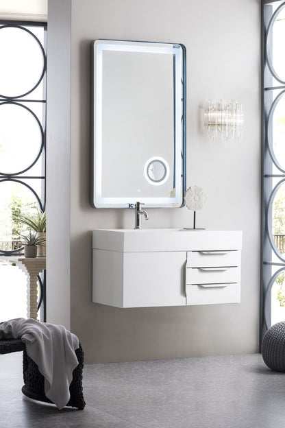 James Martin - Columbia 36" Single Wall Mount Vanity, Glossy White, Brushed Nickel w/ Glossy White Composite Stone Top - 983-V36-W-GW-N-GW view 3