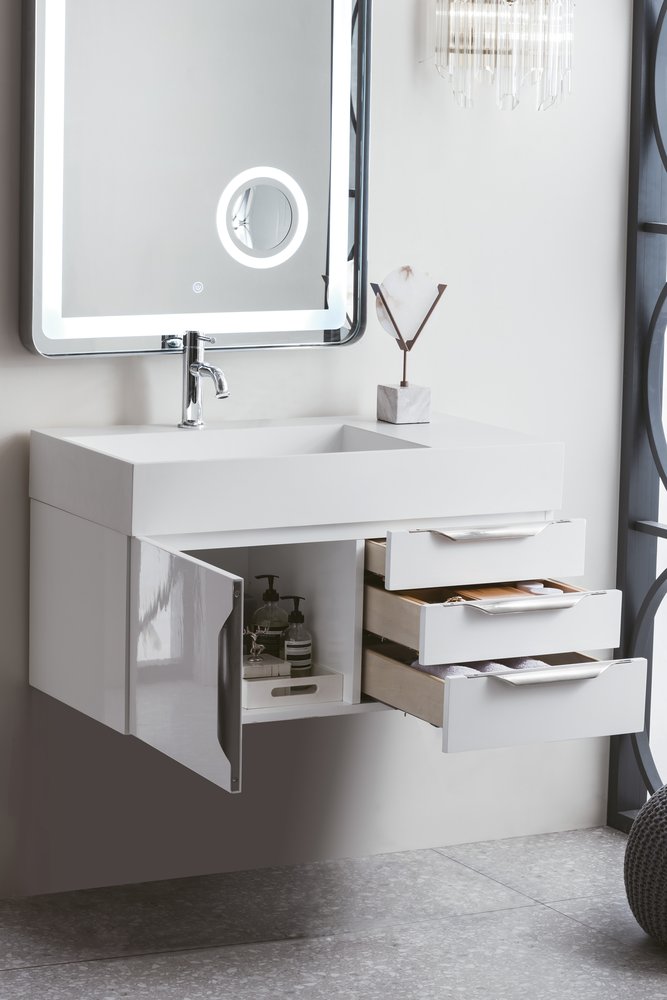 James Martin - Columbia 36" Single Wall Mount Vanity, Glossy White, Brushed Nickel w/ Glossy White Composite Stone Top - 983-V36-W-GW-N-GW view 4