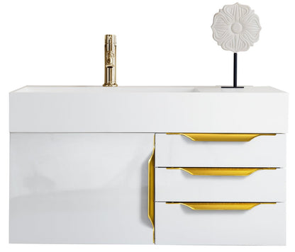 James Martin - Columbia 36" Single Wall Mount Vanity, Glossy White, Radiant Gold w/ Glossy White Composite Stone Top - 983-V36-W-GW-G-GW view 1