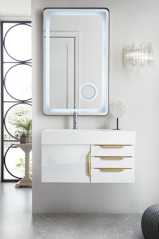 James Martin - Columbia 36" Single Wall Mount Vanity, Glossy White, Radiant Gold w/ Glossy White Composite Stone Top - 983-V36-W-GW-G-GW view 2