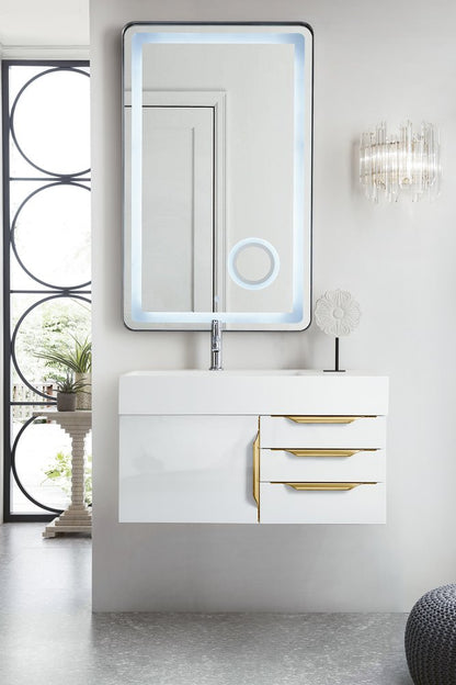 James Martin - Columbia 36" Single Wall Mount Vanity, Glossy White, Radiant Gold w/ Glossy White Composite Stone Top - 983-V36-W-GW-G-GW view 2