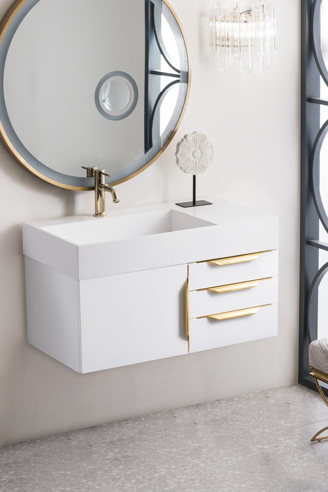 James Martin - Columbia 36" Single Wall Mount Vanity, Glossy White, Radiant Gold w/ Glossy White Composite Stone Top - 983-V36-W-GW-G-GW view 3