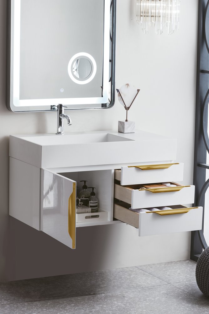 James Martin - Columbia 36" Single Wall Mount Vanity, Glossy White, Radiant Gold w/ Glossy White Composite Stone Top - 983-V36-W-GW-G-GW view 4