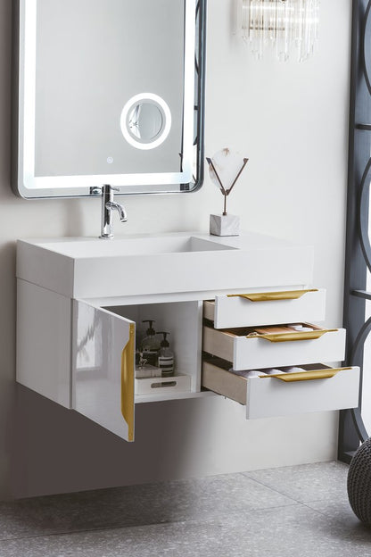 James Martin - Columbia 36" Single Wall Mount Vanity, Glossy White, Radiant Gold w/ Glossy White Composite Stone Top - 983-V36-W-GW-G-GW view 4