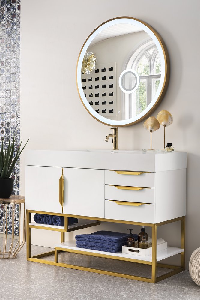 James Martin - Columbia 48" Single Vanity, Glossy White, Radiant Gold w/ Glossy White Composite Stone Top - 983-V48-GW-RG-GW view 2