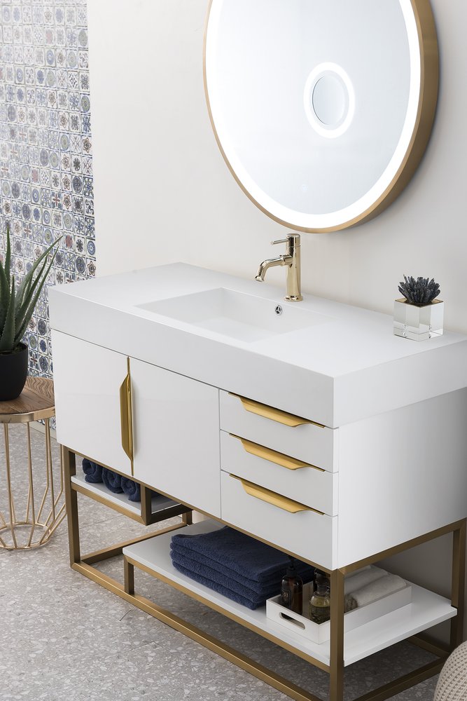 James Martin - Columbia 48" Single Vanity, Glossy White, Radiant Gold w/ Glossy White Composite Stone Top - 983-V48-GW-RG-GW view 4