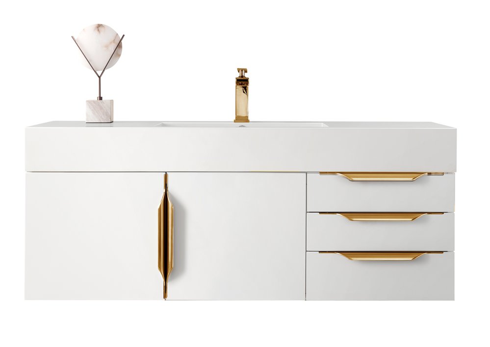 James Martin - Columbia 48" Single Wall Mount Vanity, Glossy White, Radiant Gold w/ Glossy White Composite Stone Top - 983-V48-W-GW-G-GW view 1