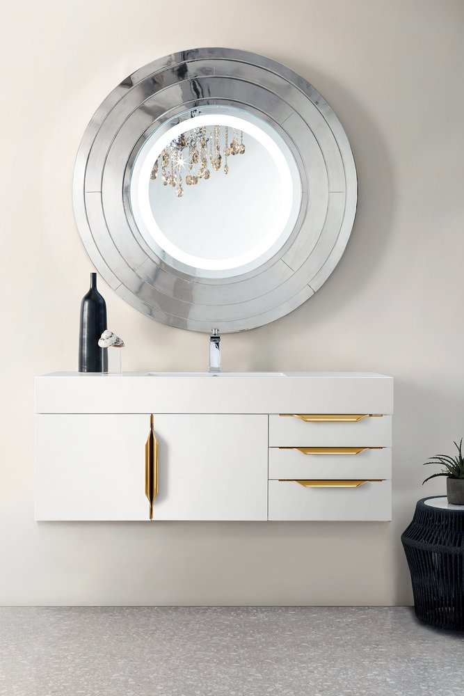 James Martin - Columbia 48" Single Wall Mount Vanity, Glossy White, Radiant Gold w/ Glossy White Composite Stone Top - 983-V48-W-GW-G-GW view 2
