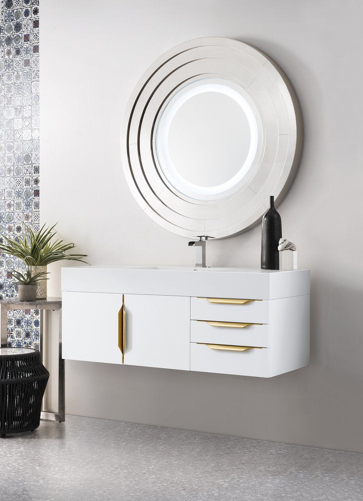 James Martin - Columbia 48" Single Wall Mount Vanity, Glossy White, Radiant Gold w/ Glossy White Composite Stone Top - 983-V48-W-GW-G-GW view 3