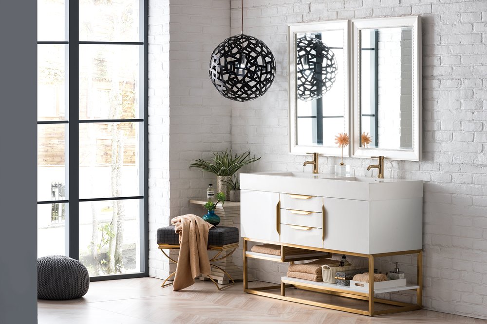 James Martin - Columbia 59" Double Vanity, Glossy White, Radiant Gold w/ Glossy White Composite Stone Top - 983-V59D-GW-RG-GW view 2