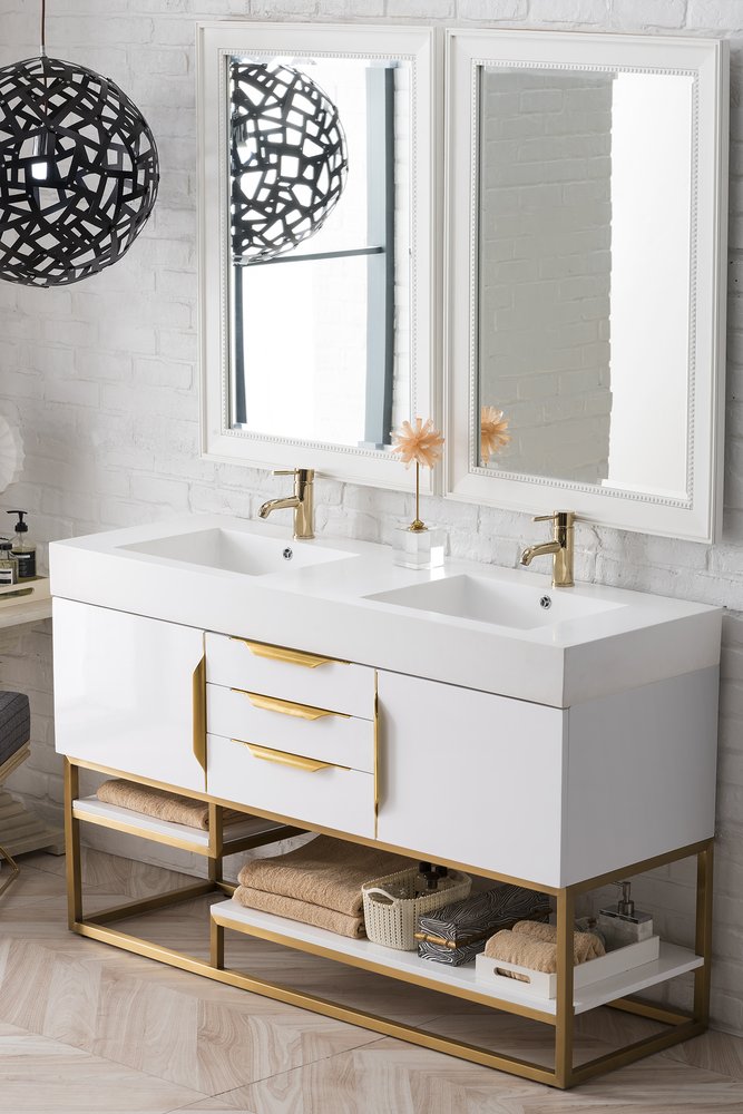 James Martin - Columbia 59" Double Vanity, Glossy White, Radiant Gold w/ Glossy White Composite Stone Top - 983-V59D-GW-RG-GW view 4