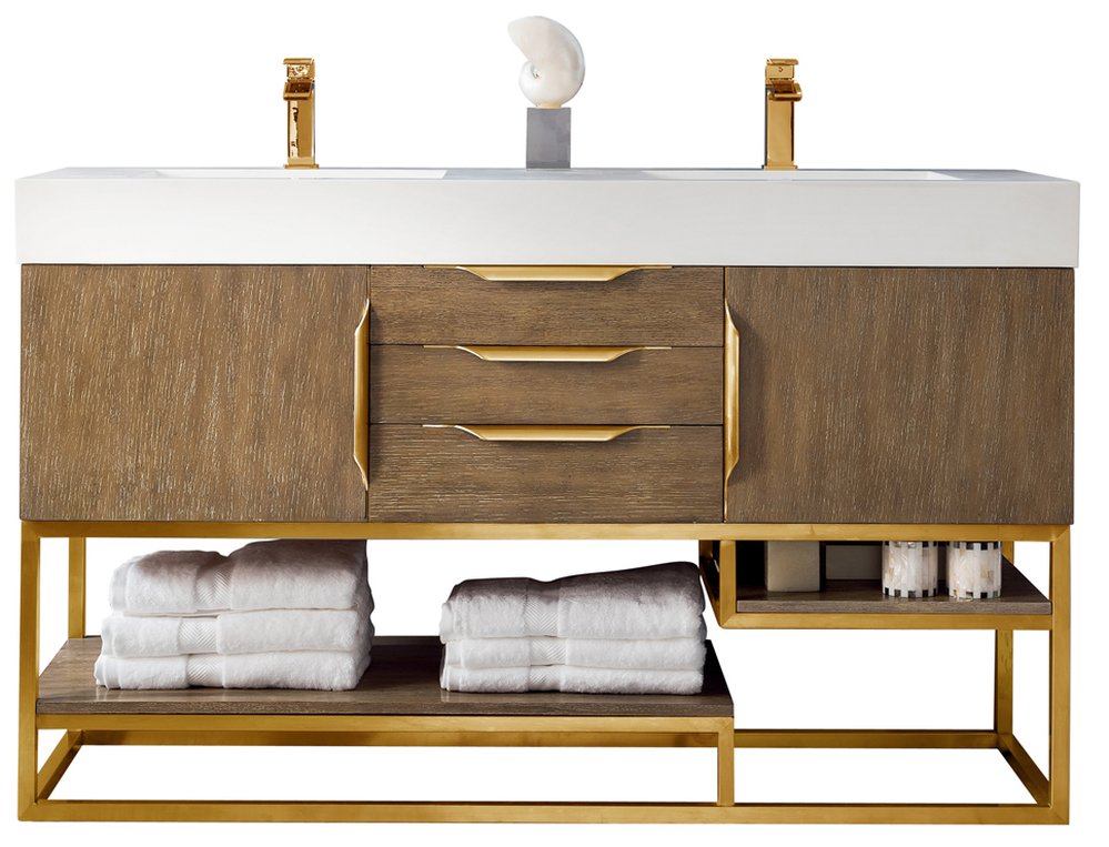 James Martin - Columbia 59" Double Vanity, Latte Oak, Radiant Gold w/ Glossy White Composite Stone Top - 983-V59D-LTO-RG-GW view 1