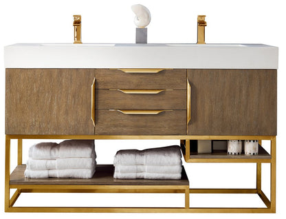 James Martin - Columbia 59" Double Vanity, Latte Oak, Radiant Gold w/ Glossy White Composite Stone Top - 983-V59D-LTO-RG-GW view 1
