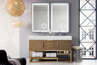 James Martin - Columbia 59" Double Vanity, Latte Oak, Radiant Gold w/ Glossy White Composite Stone Top - 983-V59D-LTO-RG-GW view 2