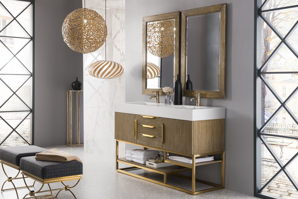 James Martin - Columbia 59" Double Vanity, Latte Oak, Radiant Gold w/ Glossy White Composite Stone Top - 983-V59D-LTO-RG-GW view 3