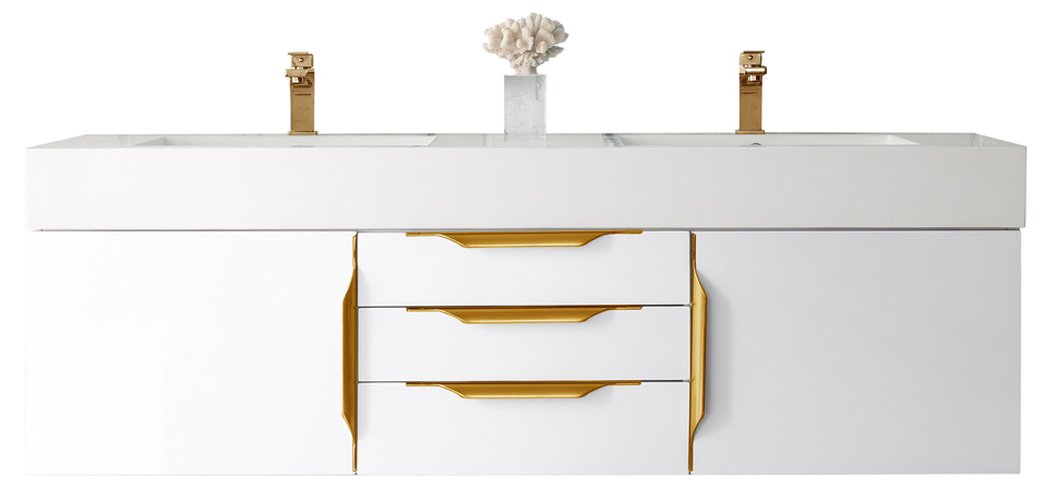 James Martin - Columbia 59" Double Wall Mount Vanity, Glossy White, Radiant Gold w/ Glossy White Composite Stone Top - 983-V59D-W-GW-G-GW view 1