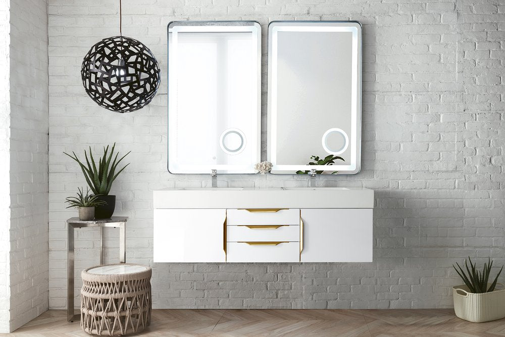 James Martin - Columbia 59" Double Wall Mount Vanity, Glossy White, Radiant Gold w/ Glossy White Composite Stone Top - 983-V59D-W-GW-G-GW view 2