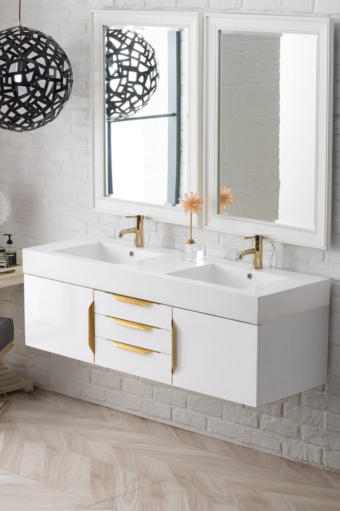 James Martin - Columbia 59" Double Wall Mount Vanity, Glossy White, Radiant Gold w/ Glossy White Composite Stone Top - 983-V59D-W-GW-G-GW view 3