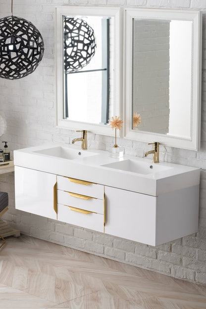 James Martin - Columbia 59" Double Wall Mount Vanity, Glossy White, Radiant Gold w/ Glossy White Composite Stone Top - 983-V59D-W-GW-G-GW view 3