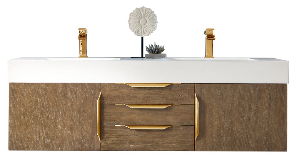 James Martin - Columbia 59" Double Wall Mount Vanity, Latte Oak, Radiant Gold w/ Glossy White Composite Stone Top - 983-V59D-W-LO-G-GW view 1