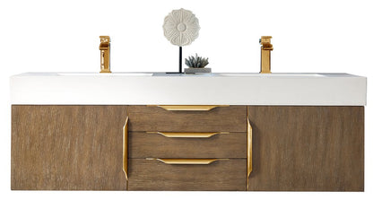 James Martin - Columbia 59" Double Wall Mount Vanity, Latte Oak, Radiant Gold w/ Glossy White Composite Stone Top - 983-V59D-W-LO-G-GW view 1
