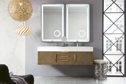 James Martin - Columbia 59" Double Wall Mount Vanity, Latte Oak, Radiant Gold w/ Glossy White Composite Stone Top - 983-V59D-W-LO-G-GW view 2