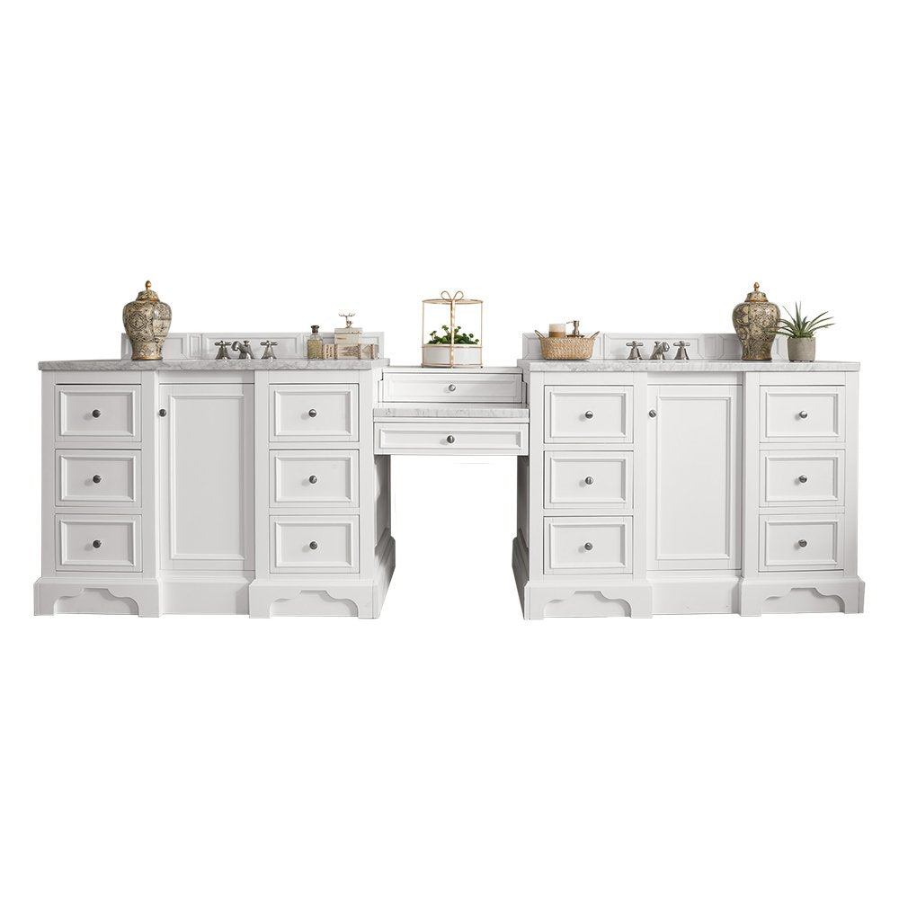 James Martin - De Soto 118" Double Vanity Set, Bright White w/ 3 CM Carrara Marble Top - 825-V118-BW-DU-CAR view 1