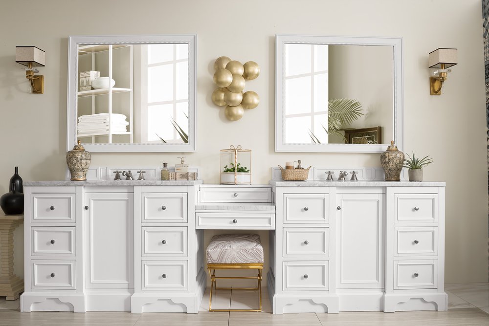 James Martin - De Soto 118" Double Vanity Set, Bright White w/ 3 CM Carrara Marble Top - 825-V118-BW-DU-CAR view 2