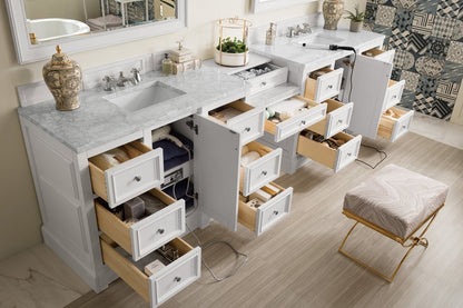 James Martin - De Soto 118" Double Vanity Set, Bright White w/ 3 CM Carrara Marble Top - 825-V118-BW-DU-CAR view 4