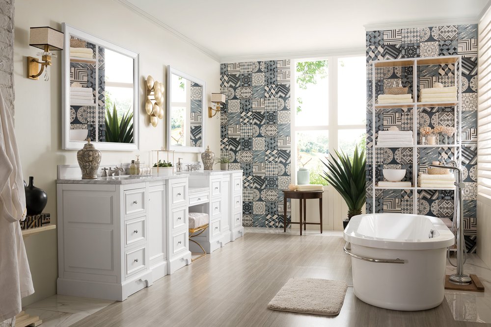 James Martin - De Soto 118" Double Vanity Set, Bright White w/ 3 CM Carrara Marble Top - 825-V118-BW-DU-CAR view 7