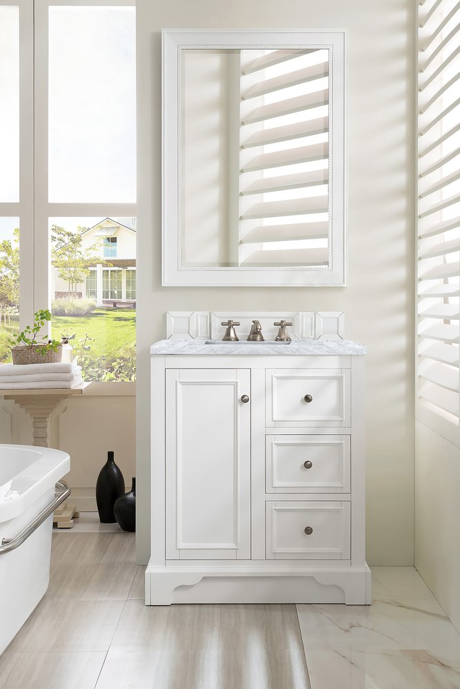James Martin - De Soto 30" Single Vanity, Bright White w/ 3 CM Carrara Marble Top - 825-V30-BW-3CAR view 3