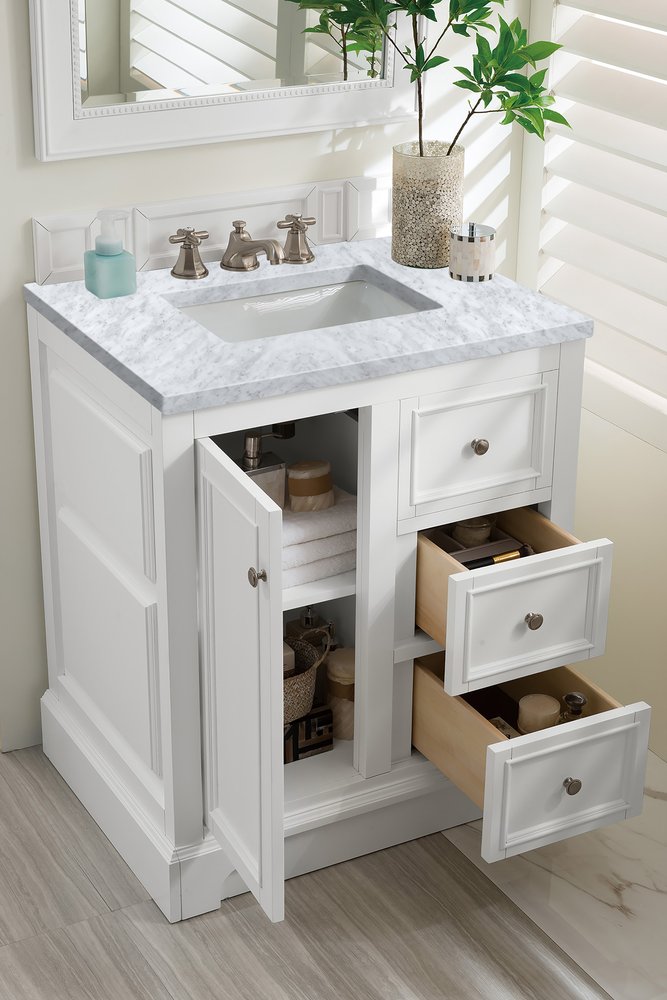 James Martin - De Soto 30" Single Vanity, Bright White w/ 3 CM Carrara Marble Top - 825-V30-BW-3CAR view 5
