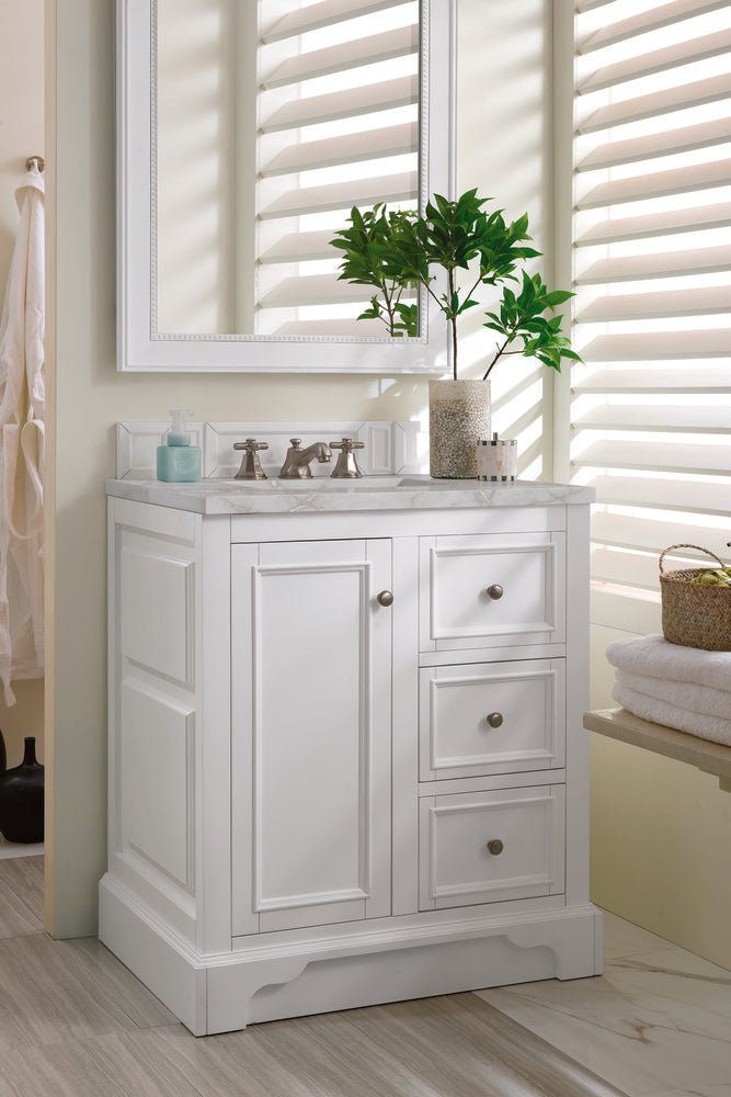 James Martin - De Soto 30" Single Vanity, Bright White w/ 3 CM Victorian Silver Silestone Top - 825-V30-BW-3VSL view 4