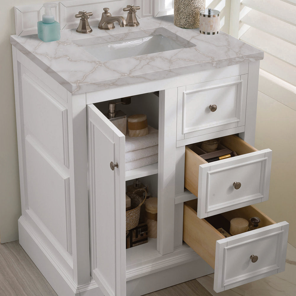 James Martin - De Soto 30" Single Vanity, Bright White w/ 3 CM Victorian Silver Silestone Top - 825-V30-BW-3VSL view 5