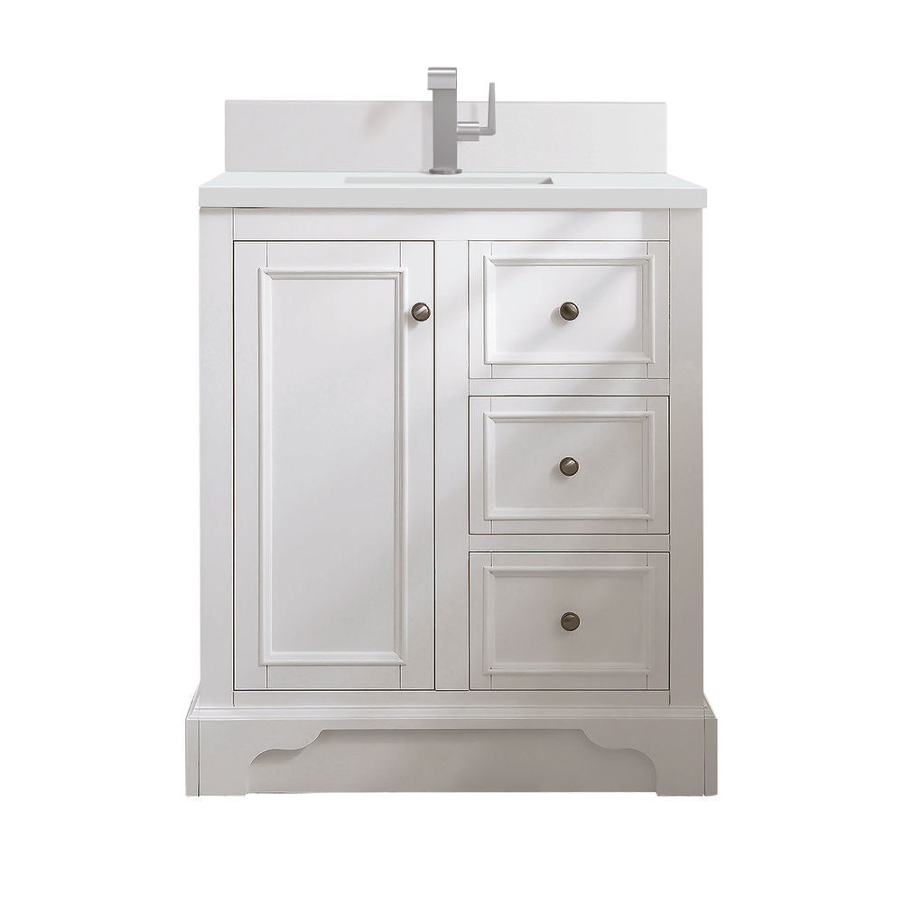 James Martin - De Soto 30" Single Vanity, Bright White w/ Single Hole 3 CM White Zeus Silestone Top & Backsplash - 825-V30-BW-1WZ view 1