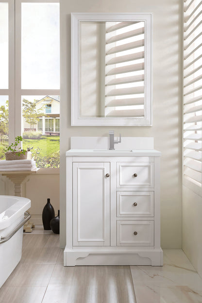 James Martin - De Soto 30" Single Vanity, Bright White w/ Single Hole 3 CM White Zeus Silestone Top & Backsplash - 825-V30-BW-1WZ view 3