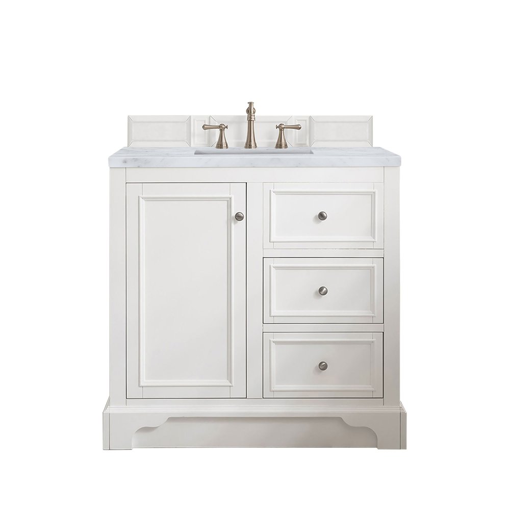 James Martin - De Soto 36" Single Vanity, Bright White w/ 3 CM Carrara Marble Top - 825-V36-BW-3CAR view 1