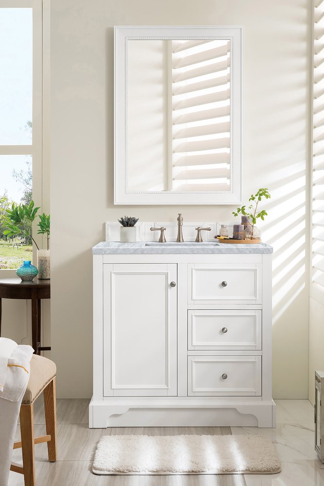 James Martin - De Soto 36" Single Vanity, Bright White w/ 3 CM Carrara Marble Top - 825-V36-BW-3CAR view 3