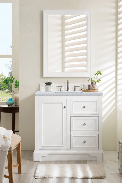 James Martin - De Soto 36" Single Vanity, Bright White w/ 3 CM Carrara Marble Top - 825-V36-BW-3CAR view 3