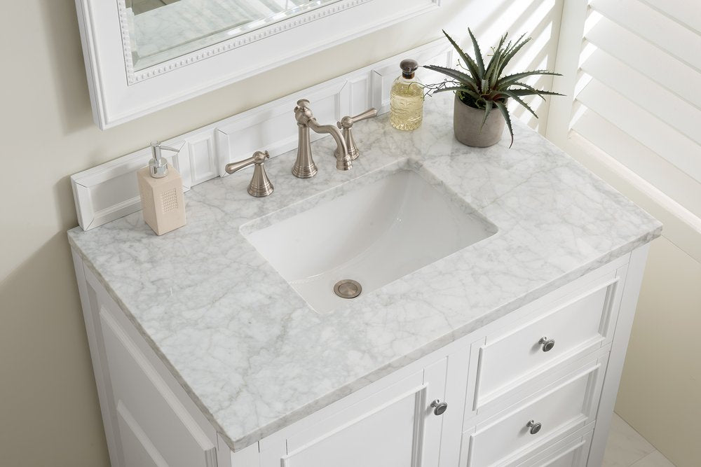 James Martin - De Soto 36" Single Vanity, Bright White w/ 3 CM Carrara Marble Top - 825-V36-BW-3CAR view 4