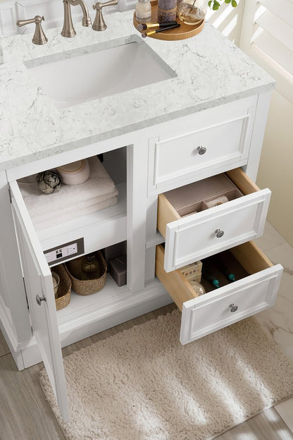 James Martin - De Soto 36" Single Vanity, Bright White w/ 3 CM Eternal Jasmine Pearl Silestone Top - 825-V36-BW-3EJP view 5